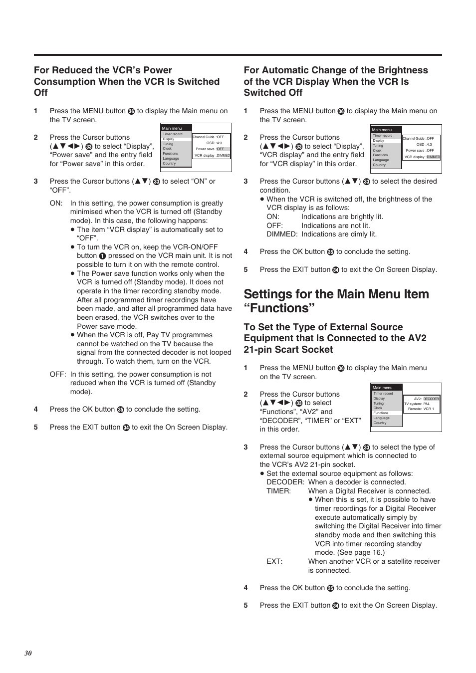 Settings for the main menu item “functions | Panasonic NV-SJ260 User Manual | Page 30 / 38