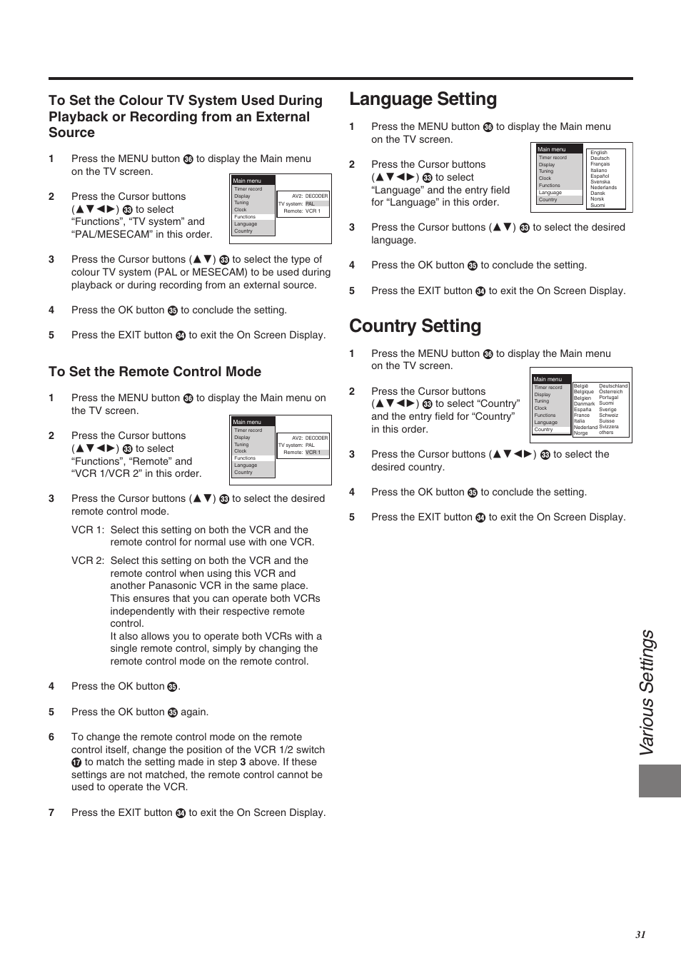 Va rious se ttings, Language setting, Country setting | Panasonic NV-SJ260 User Manual | Page 31 / 38