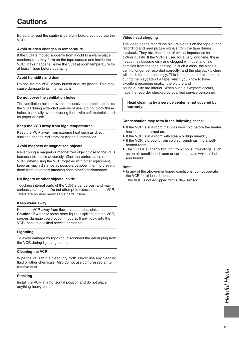 Cautions, Helpful hints | Panasonic NV-SJ260 User Manual | Page 37 / 38