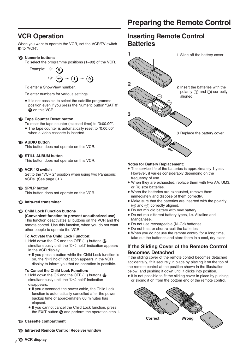 Preparing the remote control, Inserting remote control batteries vcr operation | Panasonic NV-SJ260 User Manual | Page 4 / 38