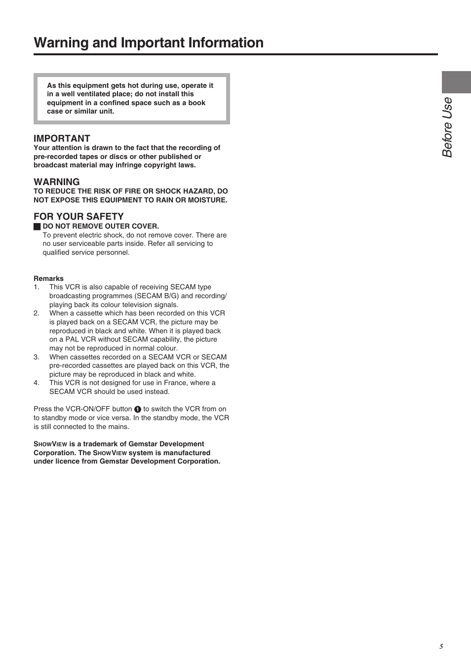 Warning and important information, Be fore use | Panasonic NV-SJ260 User Manual | Page 5 / 38