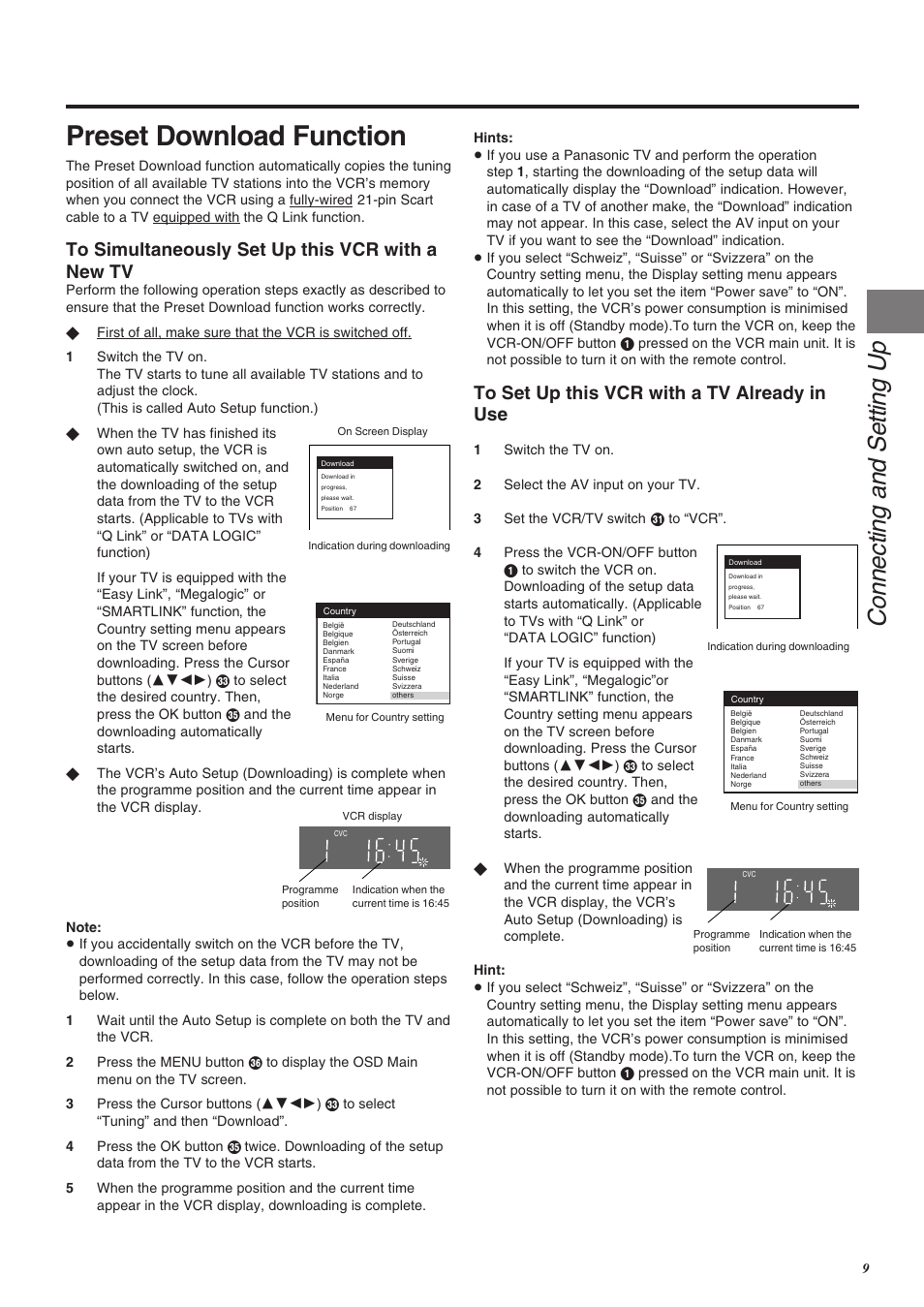 Preset download function, Connecting and se tting up | Panasonic NV-SJ260 User Manual | Page 9 / 38