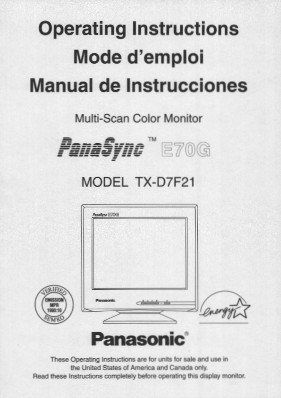 Panasonic PANASYNC E70G TX-D7F21 User Manual | 46 pages