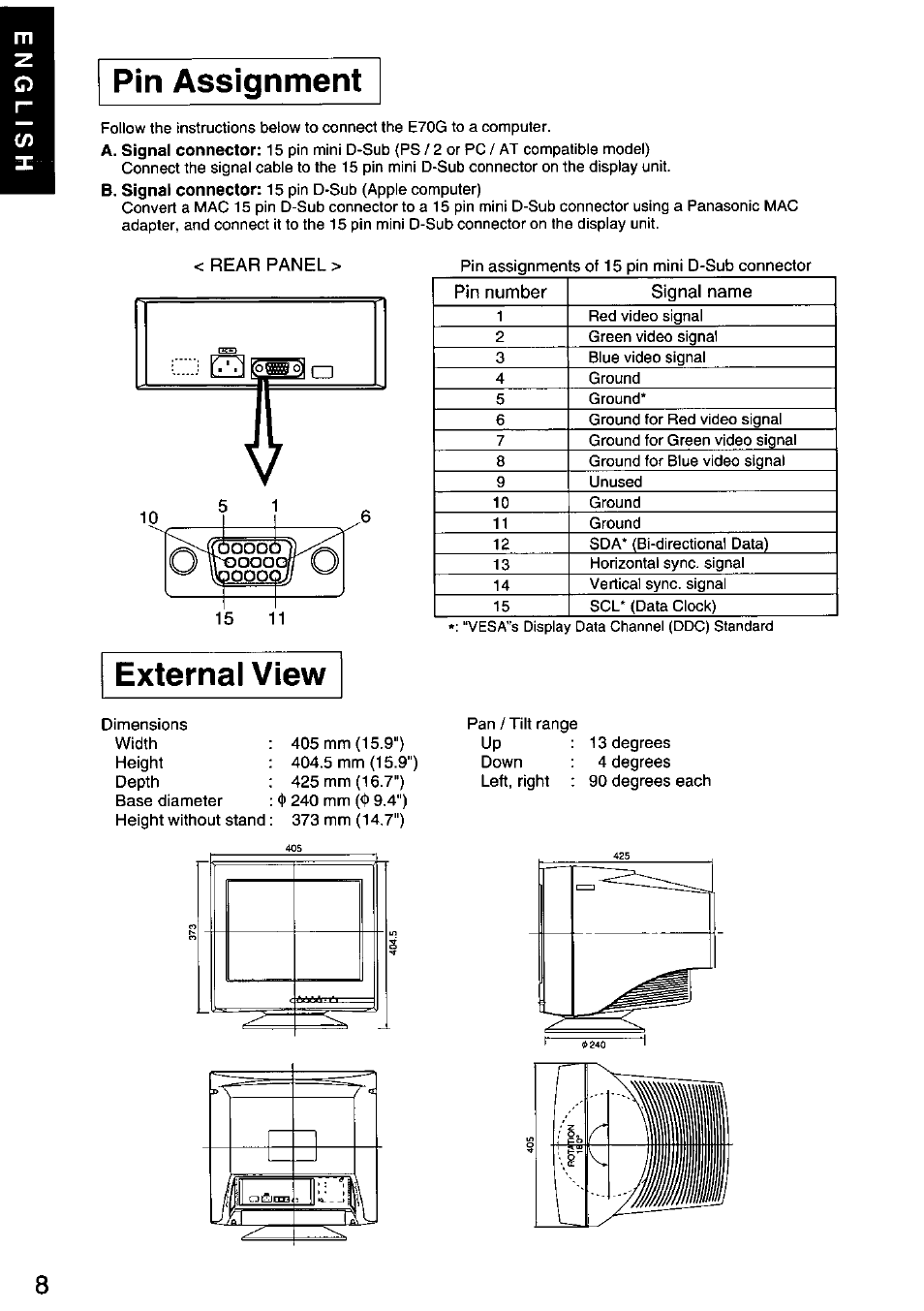 Pin assignment, External view, Pin assignment external view | Panasonic PANASYNC E70G TX-D7F21 User Manual | Page 10 / 46