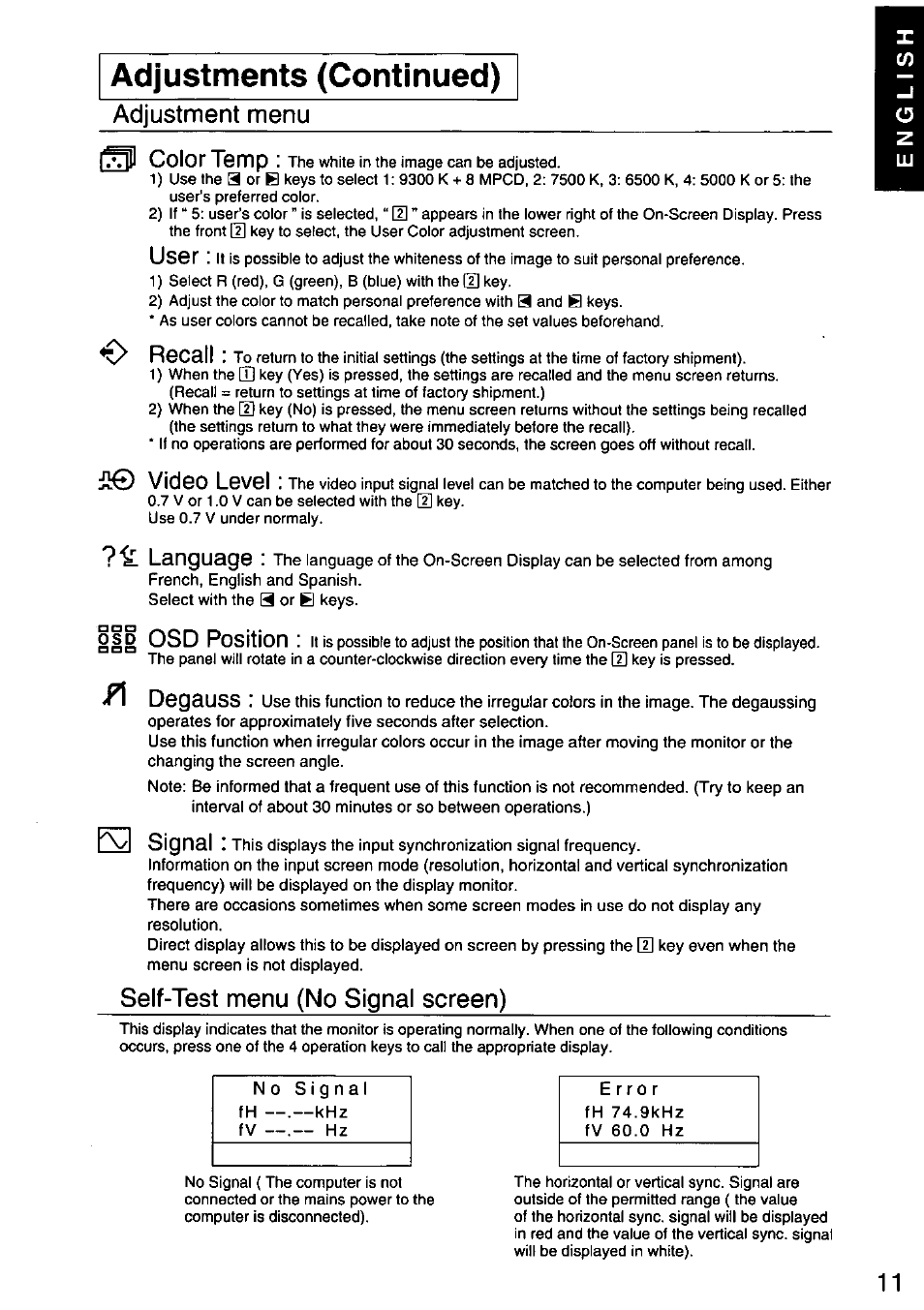 Adjustments (continued), Adjustment menu, Color temp | User, Recall, 5© video level, Language, Ill osd position, Degauss, Q signal | Panasonic PANASYNC E70G TX-D7F21 User Manual | Page 13 / 46