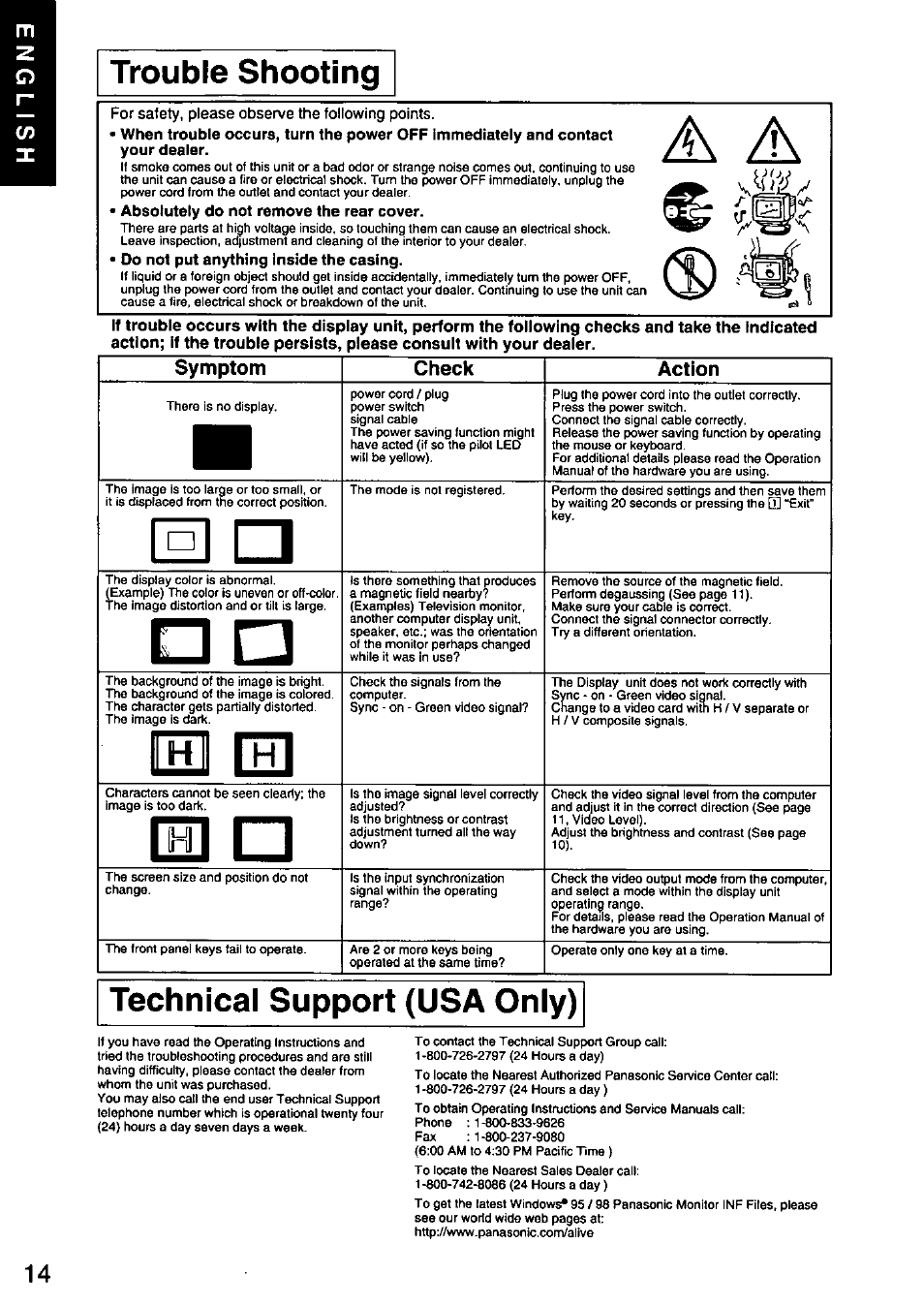 Technical support (usa only), Lj ¿3, Littn | Panasonic PANASYNC E70G TX-D7F21 User Manual | Page 16 / 46