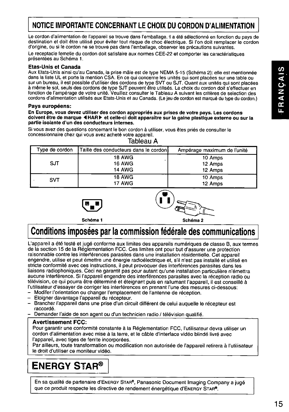 Energy star, Tableau a | Panasonic PANASYNC E70G TX-D7F21 User Manual | Page 17 / 46