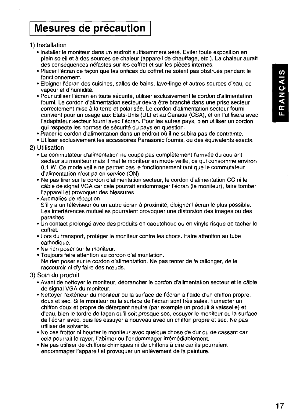 Mesures de précaution | Panasonic PANASYNC E70G TX-D7F21 User Manual | Page 19 / 46