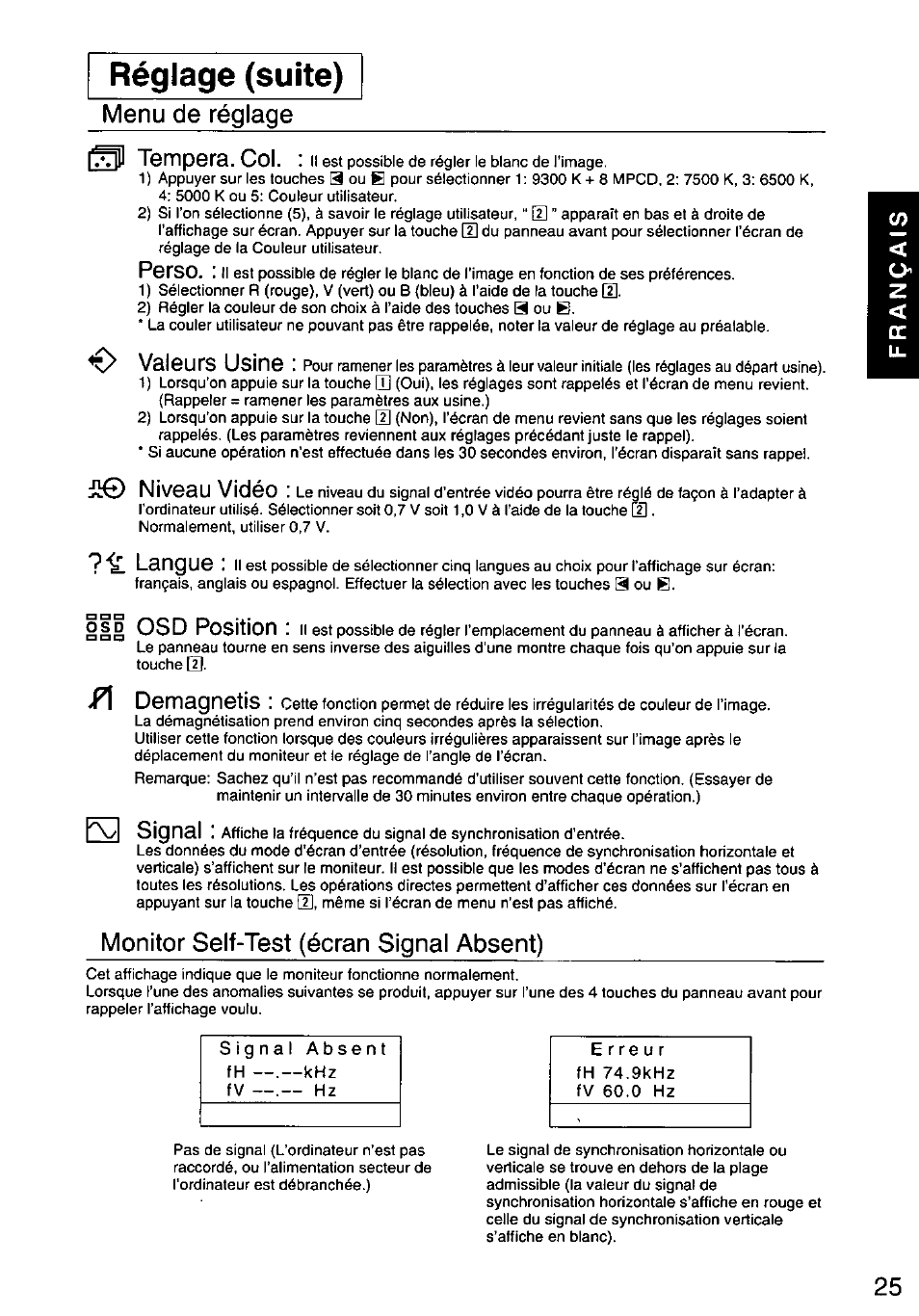 Réglage (suite) | Panasonic PANASYNC E70G TX-D7F21 User Manual | Page 27 / 46
