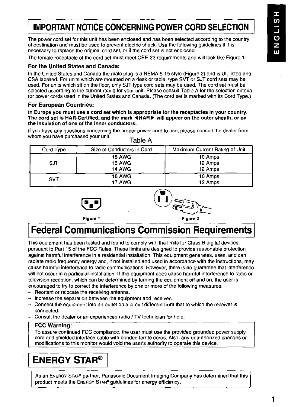 Federal communications commission requirements, Nergy, Star | Table a | Panasonic PANASYNC E70G TX-D7F21 User Manual | Page 3 / 46