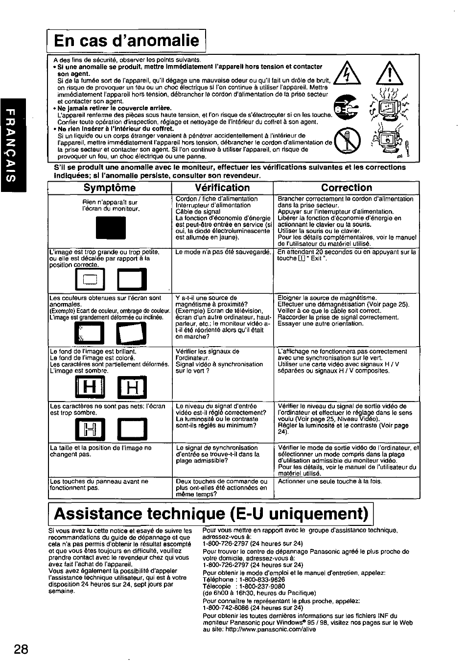 En cas d’anomalie, Assistance technique (e-u uniquement), Rsl 1 1 | Lj [fj, Symptôme vérification correction | Panasonic PANASYNC E70G TX-D7F21 User Manual | Page 30 / 46