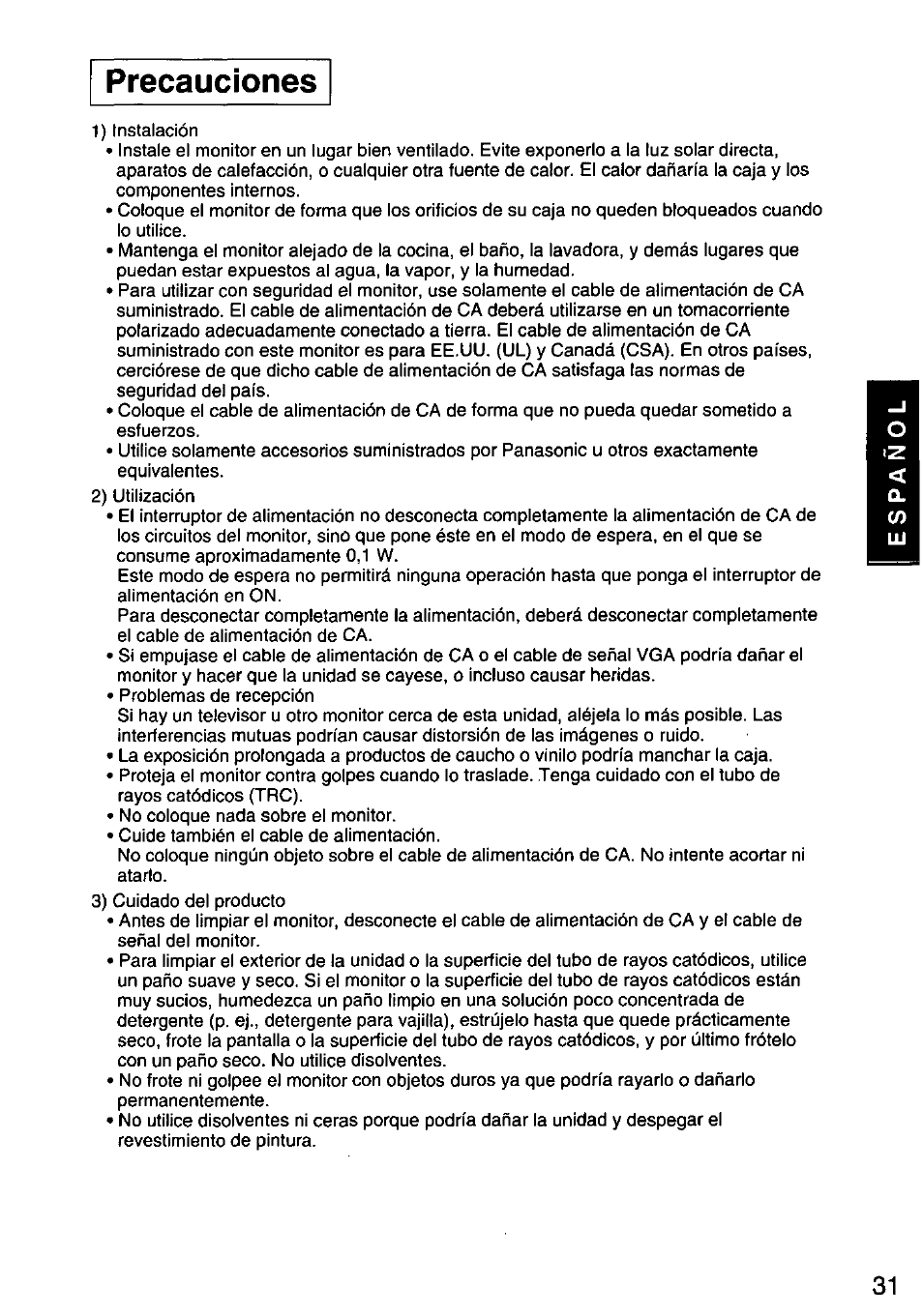 Precauciones | Panasonic PANASYNC E70G TX-D7F21 User Manual | Page 33 / 46