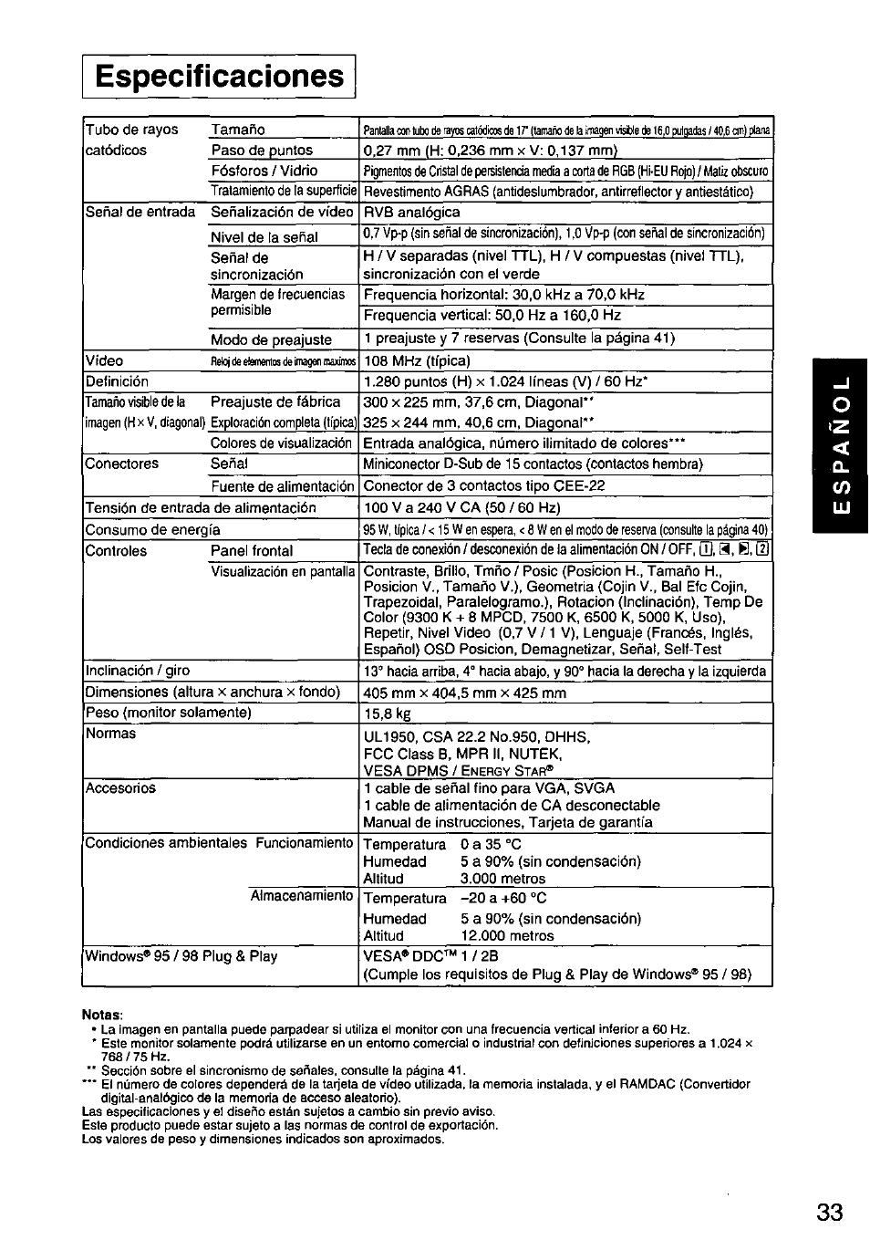 Especificaciones | Panasonic PANASYNC E70G TX-D7F21 User Manual | Page 35 / 46