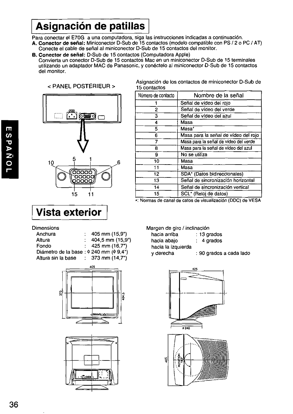 Asignación de patillas, Vista exterior, Asignación de patillas vista exterior | Panasonic PANASYNC E70G TX-D7F21 User Manual | Page 38 / 46