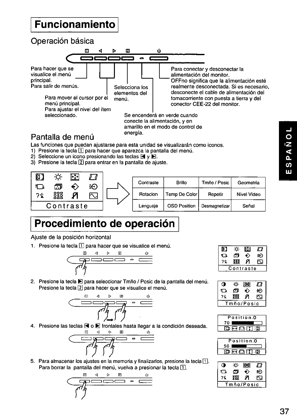 Funcionamiento, Procedimiento de operación, Cd <3 o [u (1) | Operación básica, Pantalla de menú | Panasonic PANASYNC E70G TX-D7F21 User Manual | Page 39 / 46
