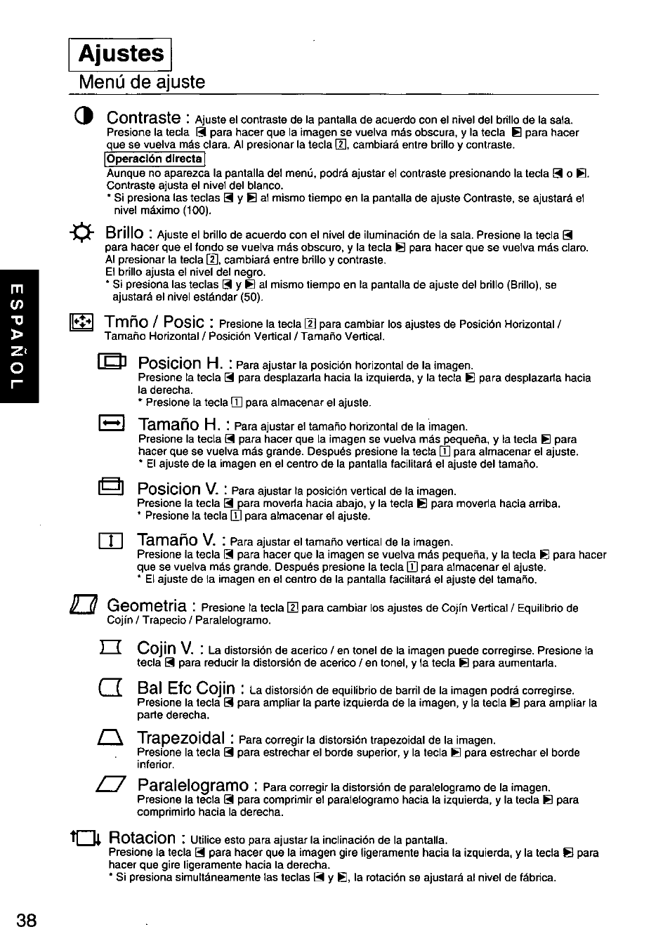 Ajustes | Panasonic PANASYNC E70G TX-D7F21 User Manual | Page 40 / 46