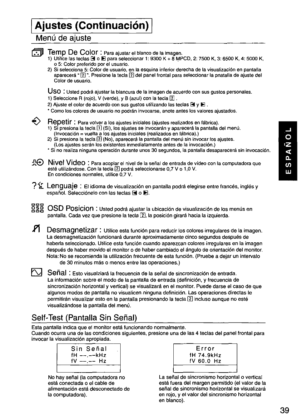 Ajustes (continuación) | Panasonic PANASYNC E70G TX-D7F21 User Manual | Page 41 / 46