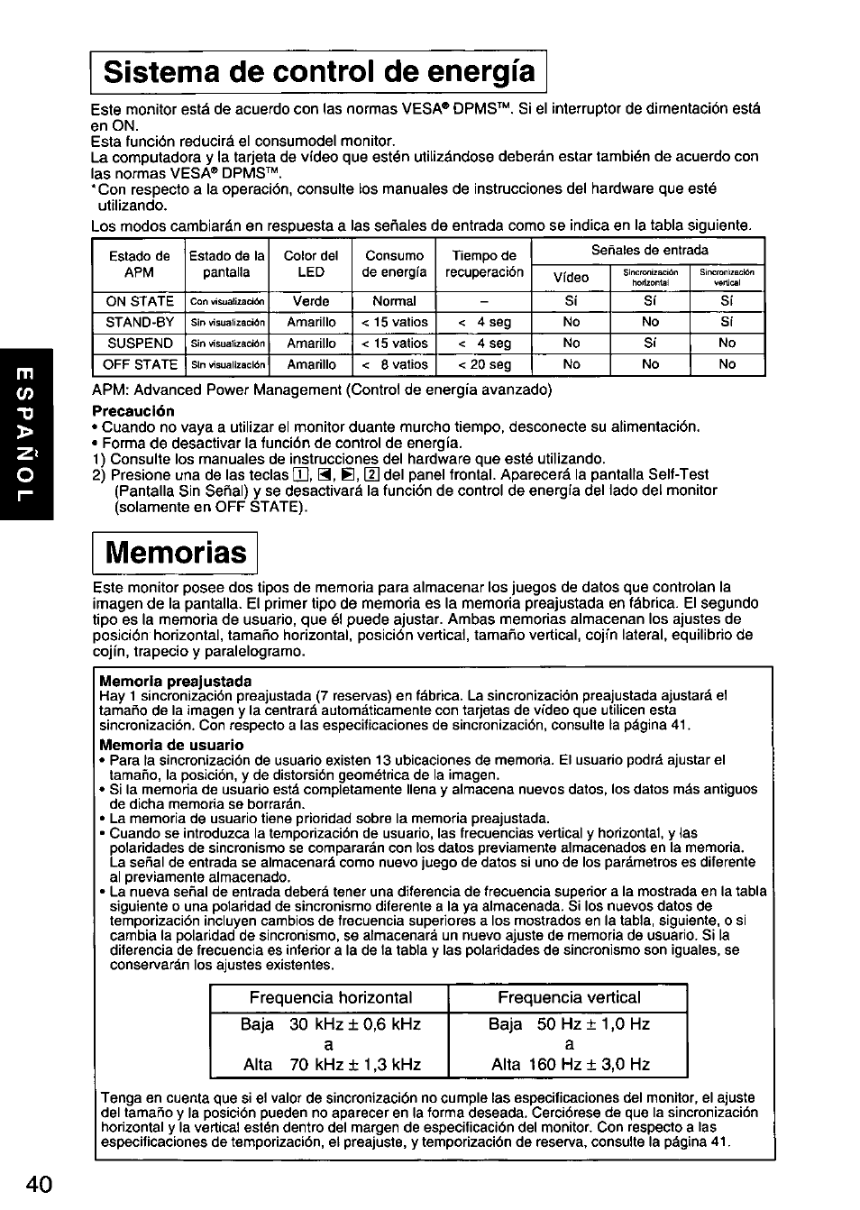 Sistema de control de energia, Sistema de control de energía | Panasonic PANASYNC E70G TX-D7F21 User Manual | Page 42 / 46