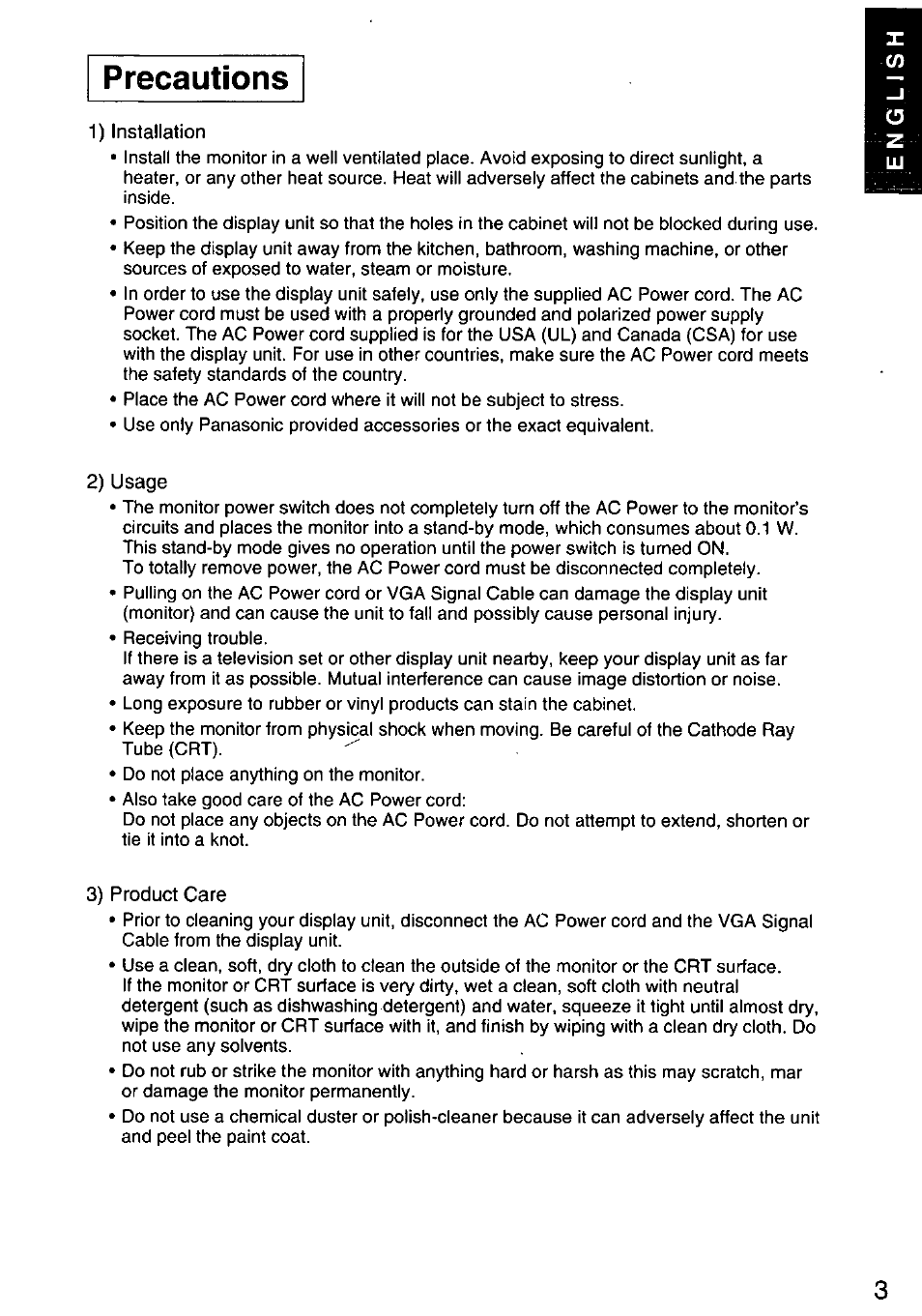 Precautions | Panasonic PANASYNC E70G TX-D7F21 User Manual | Page 5 / 46