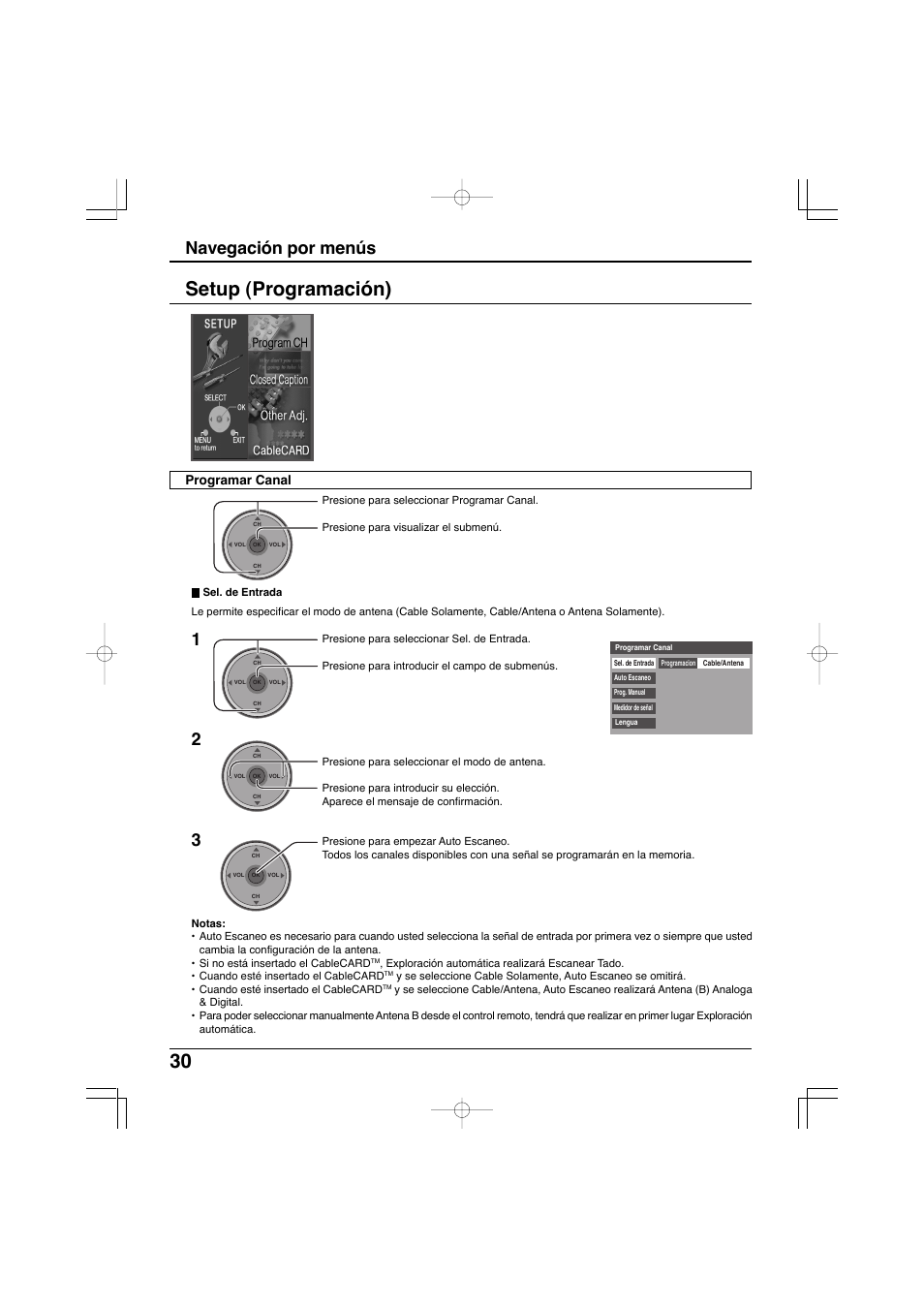 30 setup (programación), Navegación por menús, Programar canal | Panasonic TC-32LX300 User Manual | Page 100 / 132