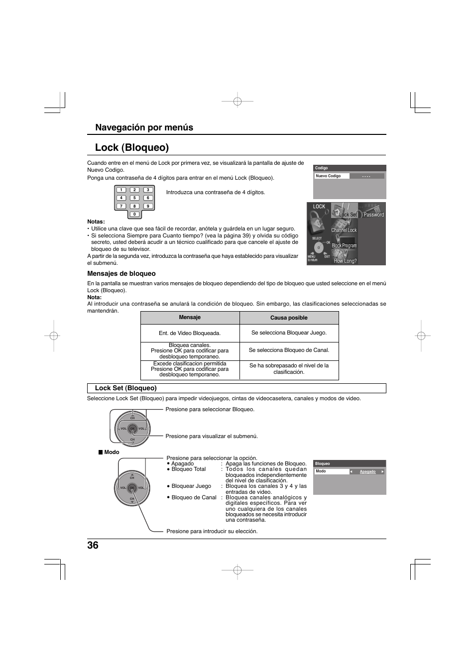 36 lock (bloqueo), Navegación por menús | Panasonic TC-32LX300 User Manual | Page 106 / 132