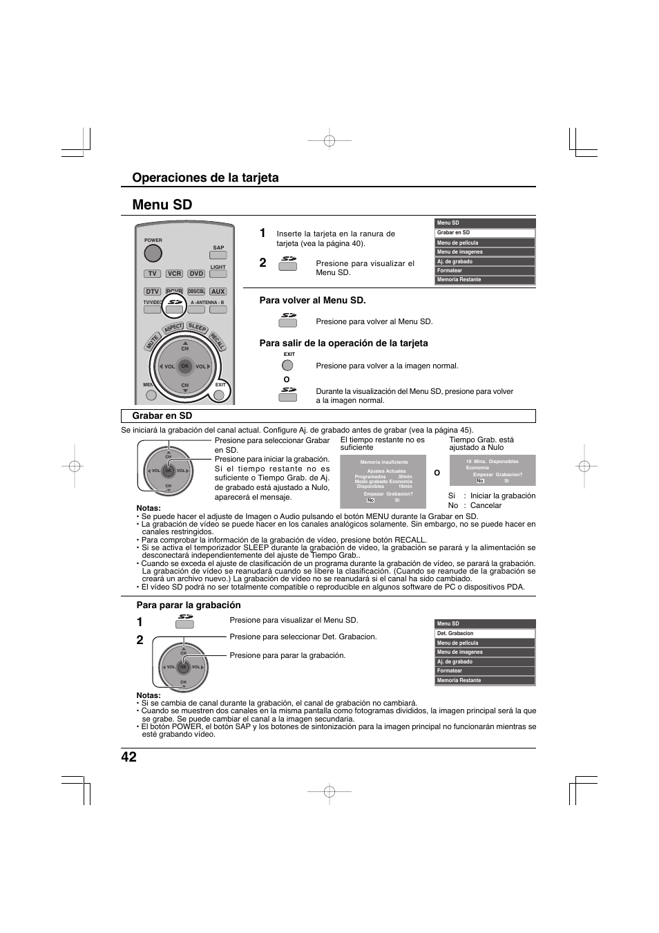 Menu sd, Operaciones de la tarjeta, Para parar la grabación | Grabar en sd | Panasonic TC-32LX300 User Manual | Page 112 / 132