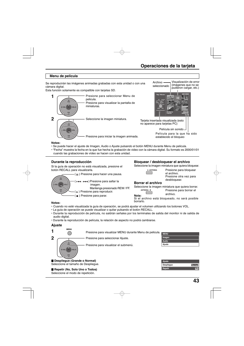 Operaciones de la tarjeta, Durante la reproducción, Ajuste | Bloquear / desbloquear el archivo, Borrar el archivo, Menu de pelicula | Panasonic TC-32LX300 User Manual | Page 113 / 132