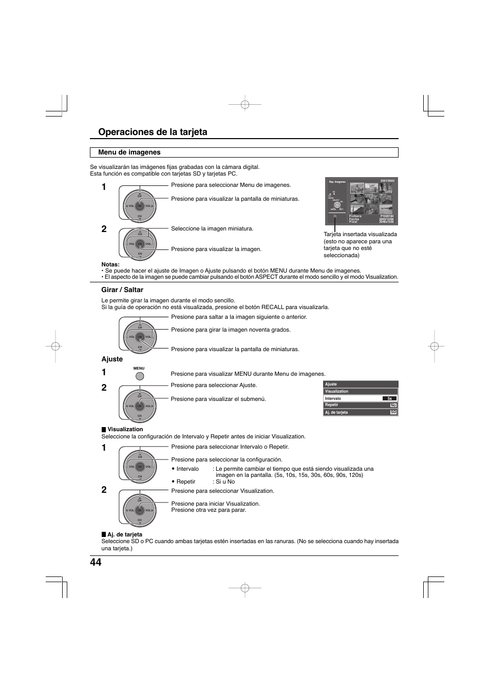 Operaciones de la tarjeta, Girar / saltar, Ajuste | Menu de imagenes | Panasonic TC-32LX300 User Manual | Page 114 / 132