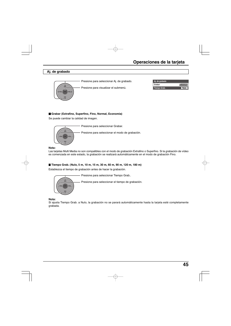 Operaciones de la tarjeta, Aj. de grabado | Panasonic TC-32LX300 User Manual | Page 115 / 132