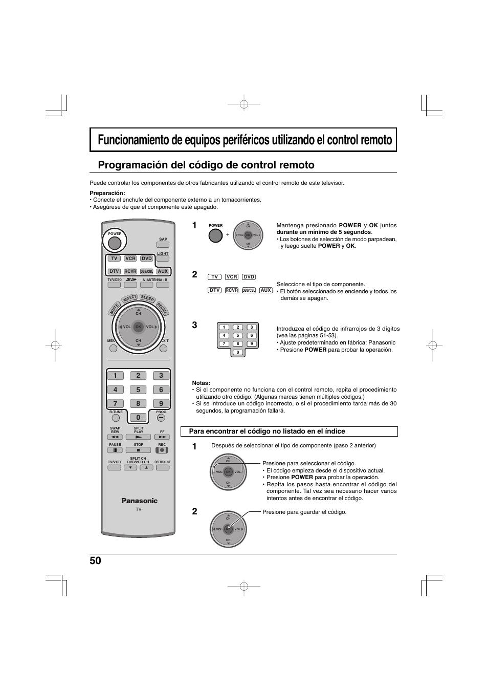 Programación del código de control remoto, Para encontrar el código no listado en el índice | Panasonic TC-32LX300 User Manual | Page 120 / 132