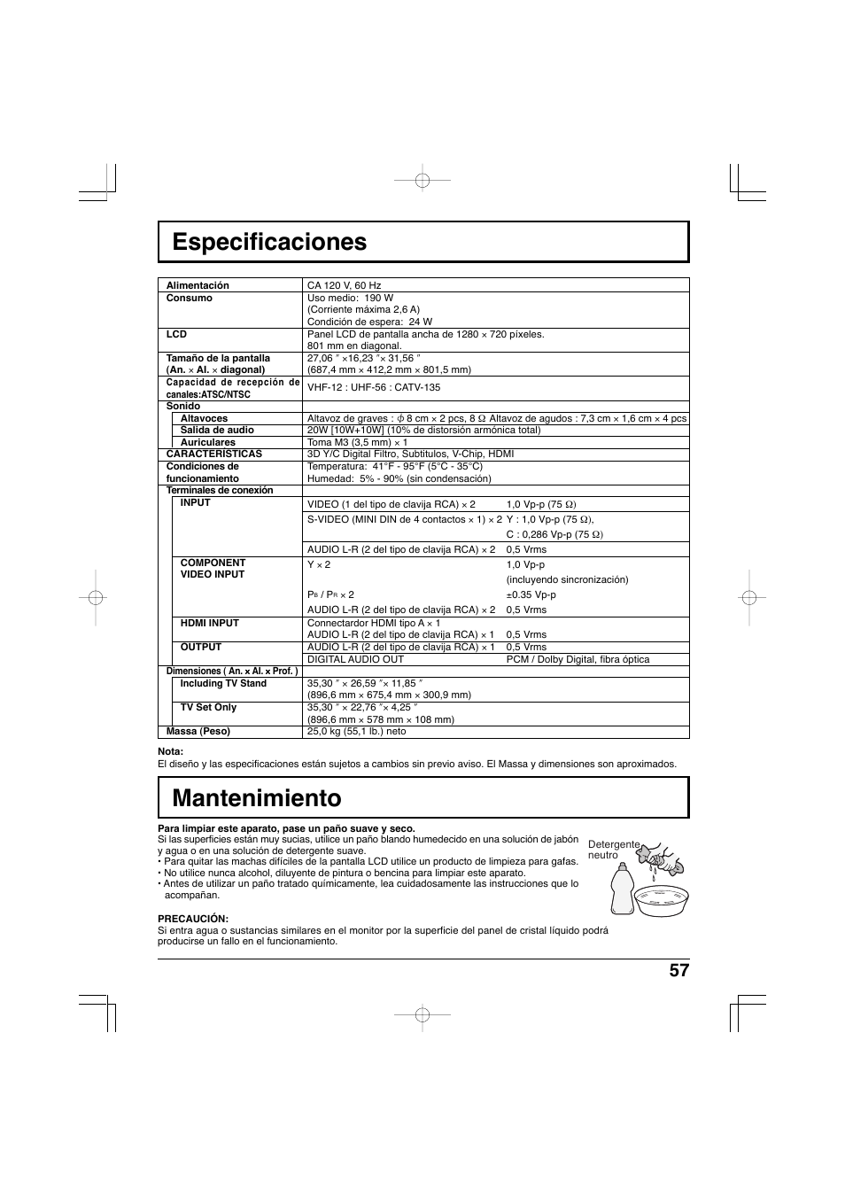 Especificaciones, Mantenimiento | Panasonic TC-32LX300 User Manual | Page 127 / 132