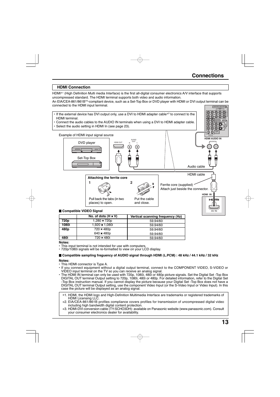 Connections, Hdmi connection | Panasonic TC-32LX300 User Manual | Page 13 / 132