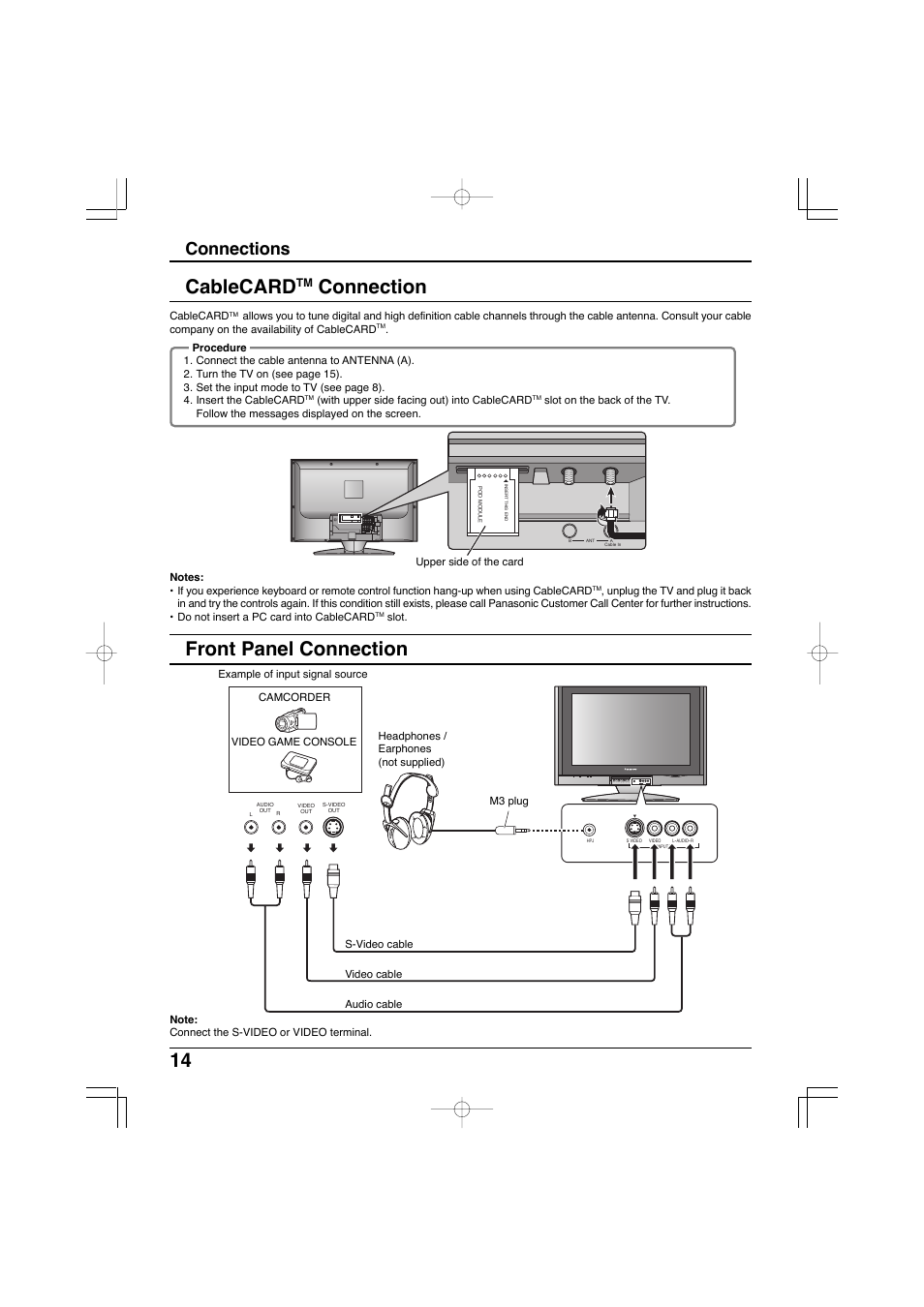 Cablecard connection, Front panel connection, Cablecard | Connection, Connections | Panasonic TC-32LX300 User Manual | Page 14 / 132