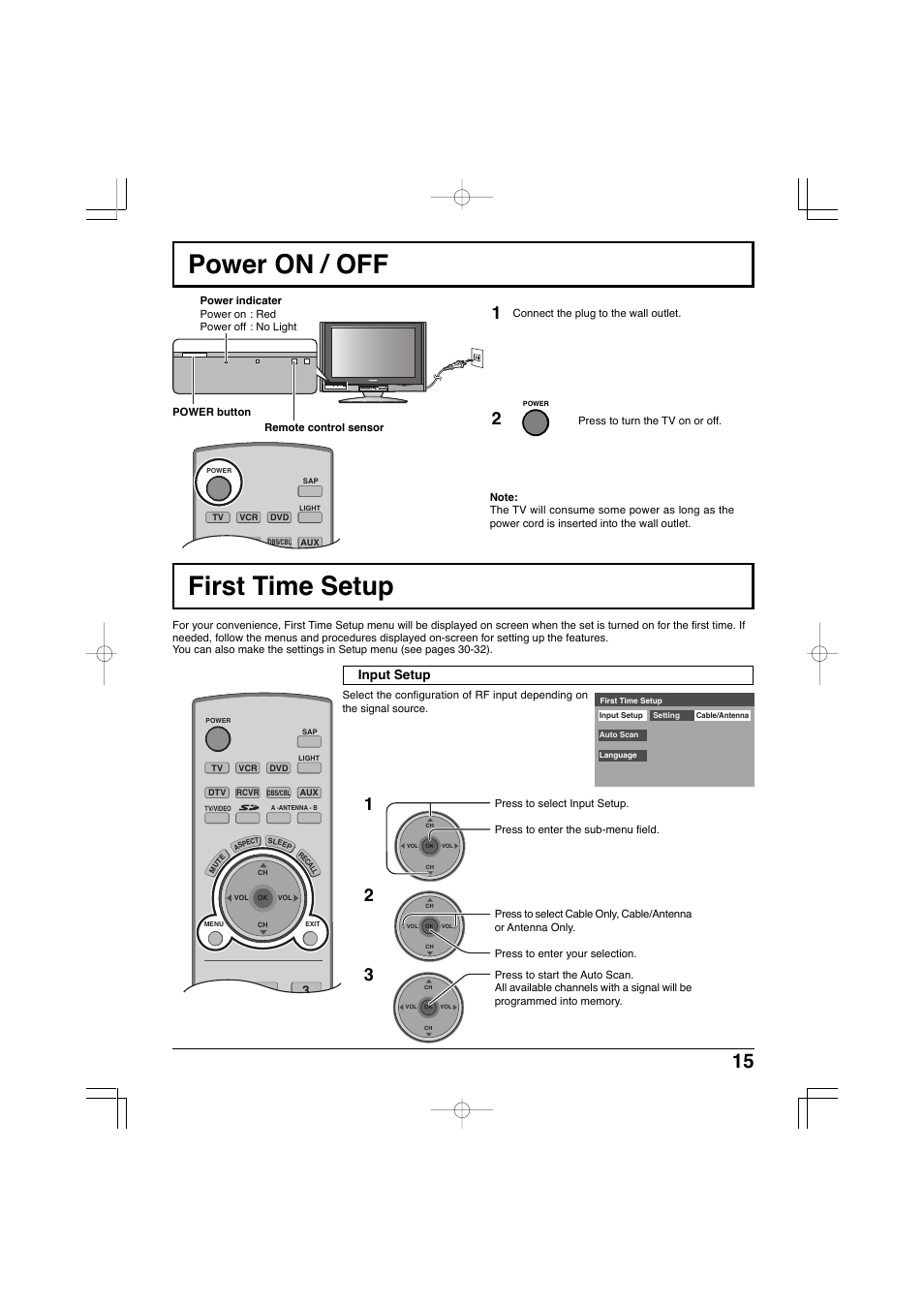 Power on / off, First time setup, Input setup | Panasonic TC-32LX300 User Manual | Page 15 / 132