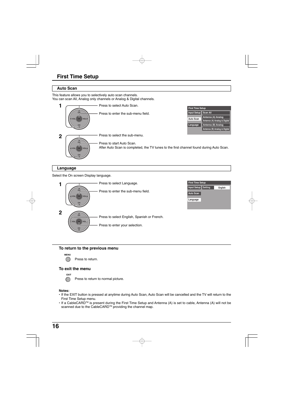 Auto scan, Language, First time setup | Panasonic TC-32LX300 User Manual | Page 16 / 132