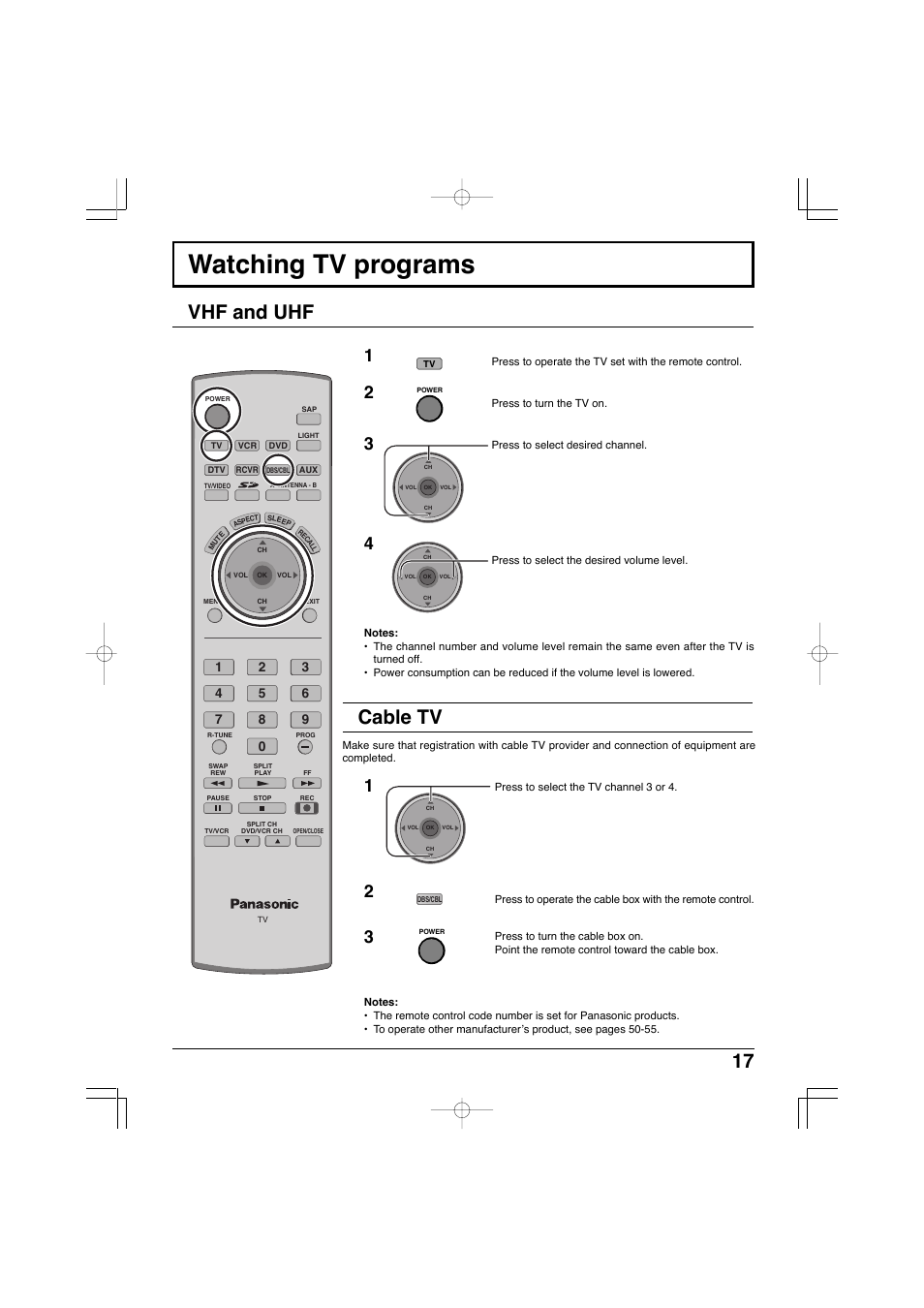 Watching tv programs, Vhf and uhf, Cable tv | Panasonic TC-32LX300 User Manual | Page 17 / 132