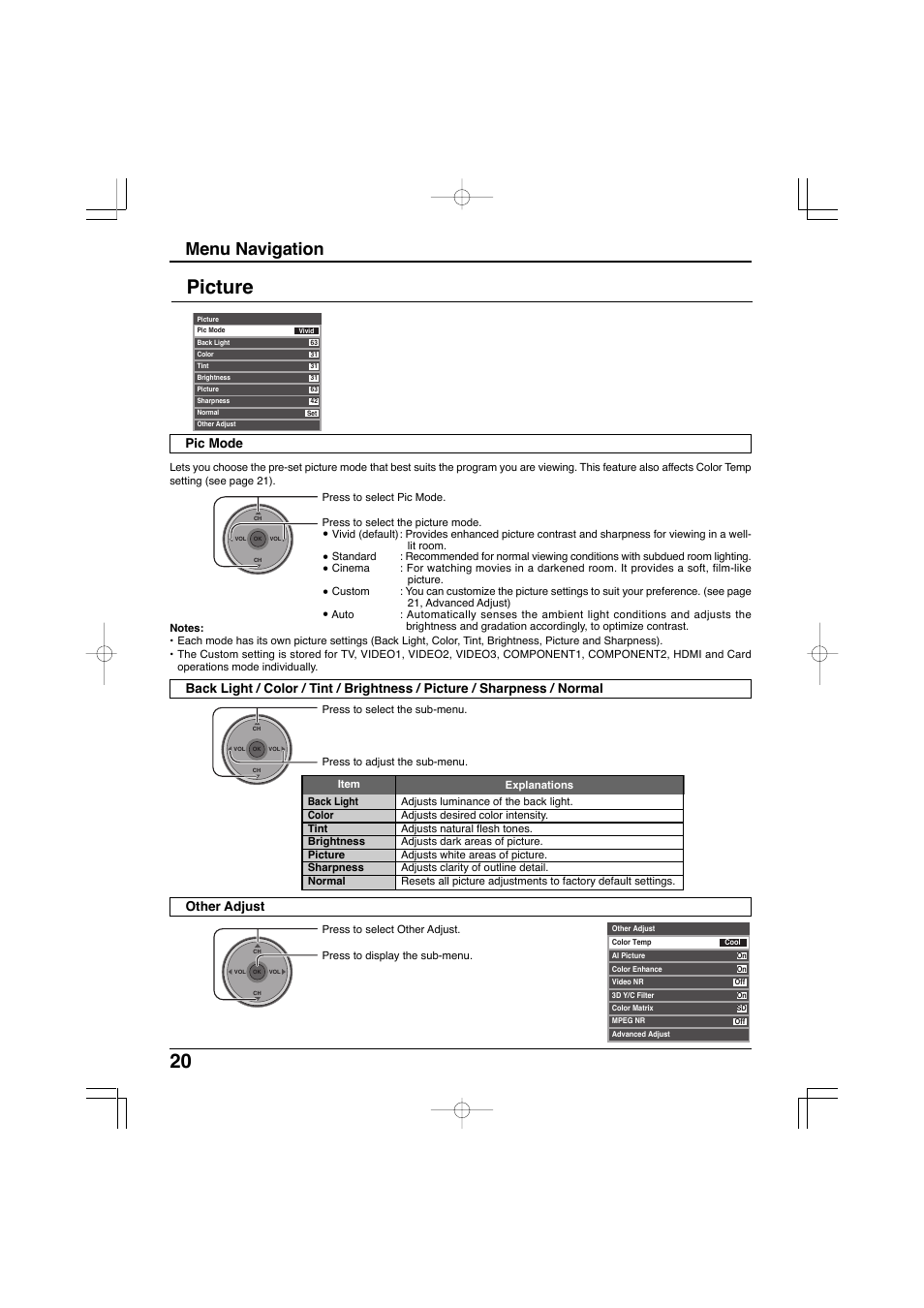 Picture, Menu navigation | Panasonic TC-32LX300 User Manual | Page 20 / 132