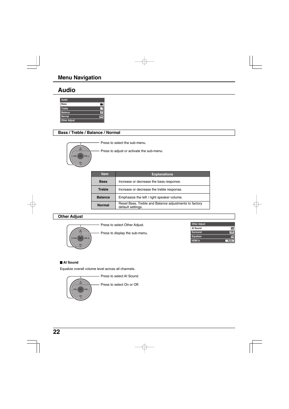 Audio, Menu navigation, Bass / treble / balance / normal other adjust | Panasonic TC-32LX300 User Manual | Page 22 / 132