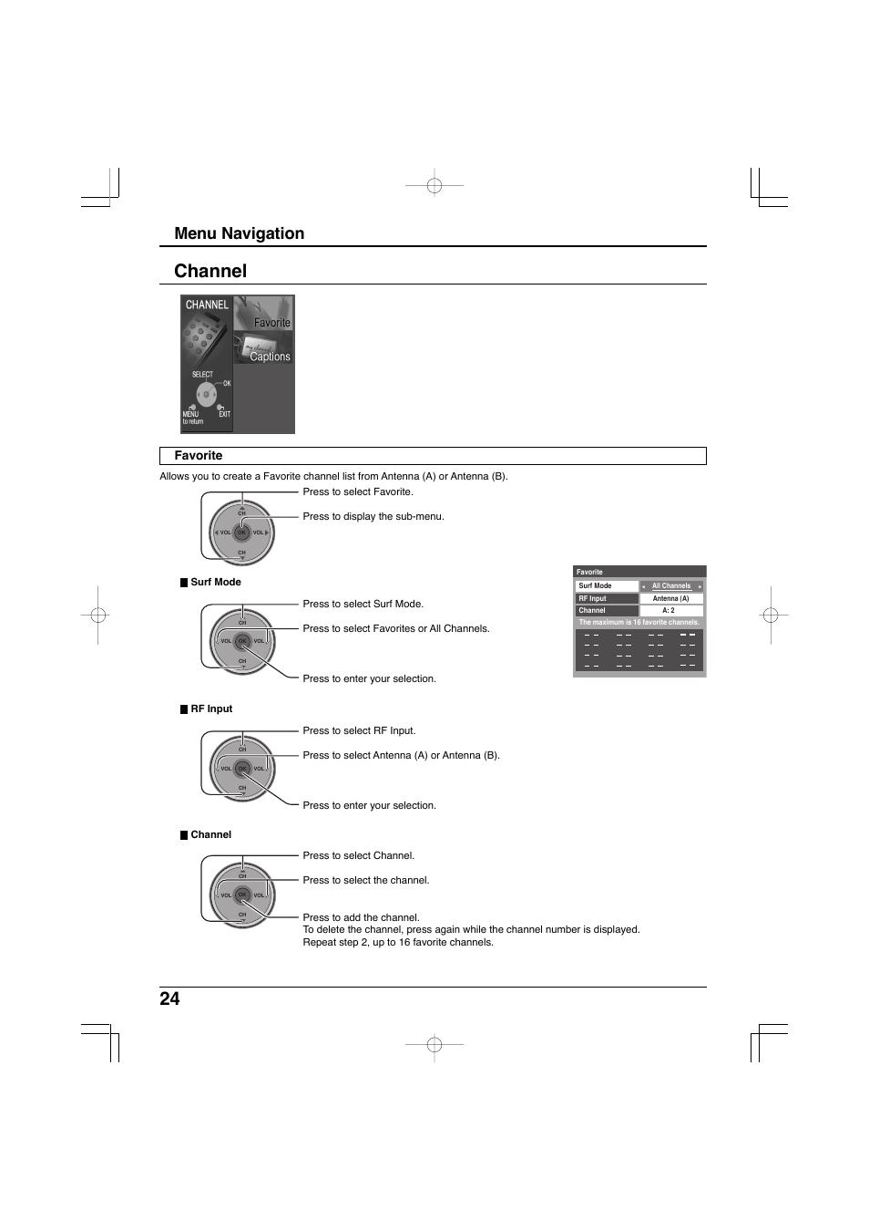 Channel, 24 channel, Menu navigation | Favorite | Panasonic TC-32LX300 User Manual | Page 24 / 132