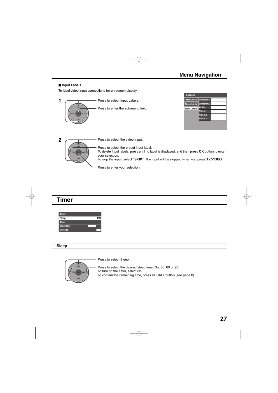 Timer, Menu navigation, Sleep | Panasonic TC-32LX300 User Manual | Page 27 / 132