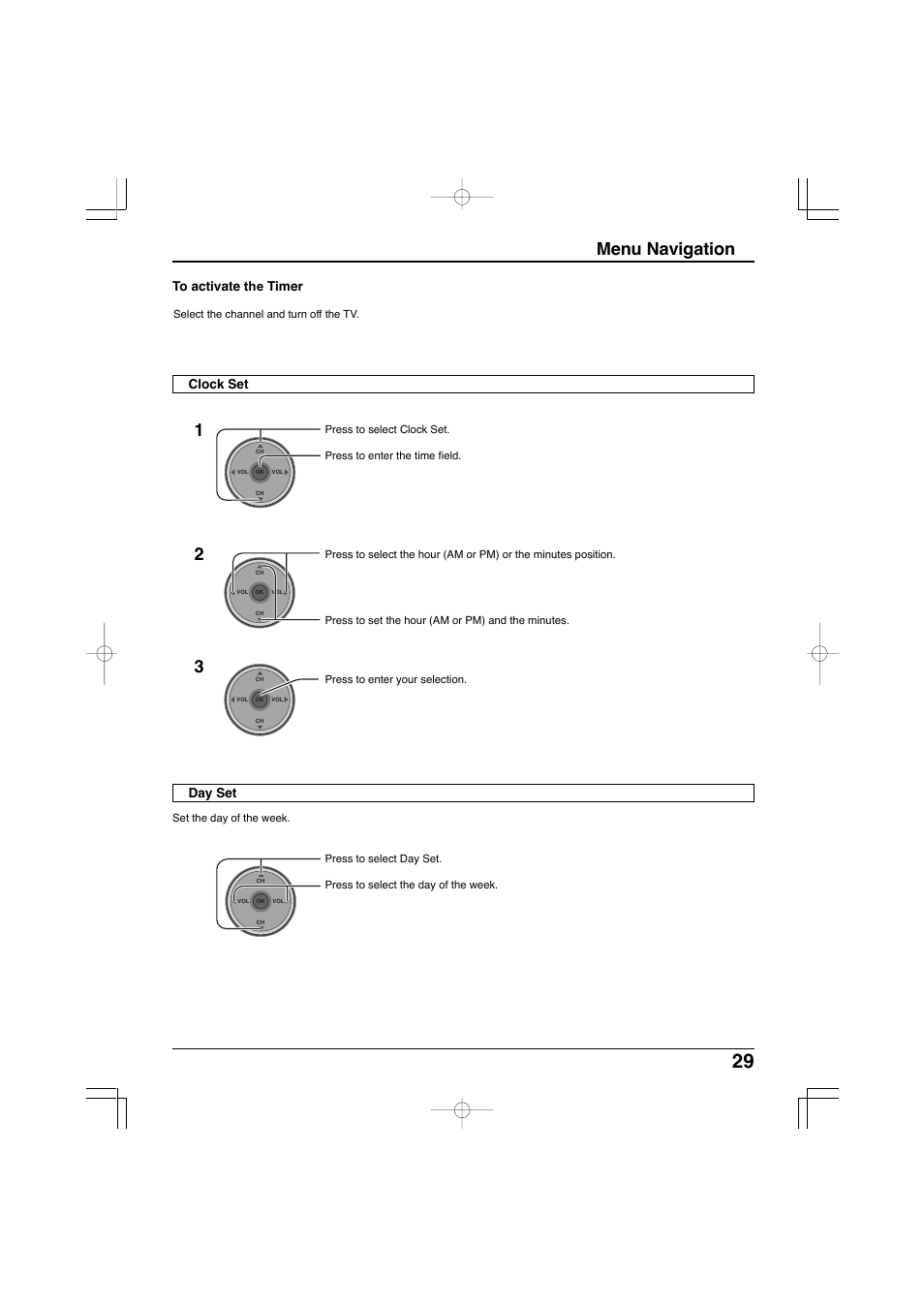 Menu navigation, Day set clock set | Panasonic TC-32LX300 User Manual | Page 29 / 132