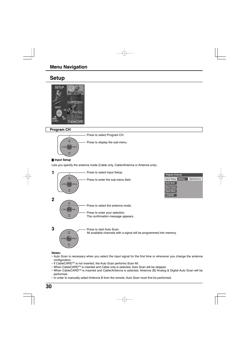 Setup, 30 setup, Menu navigation | Program ch | Panasonic TC-32LX300 User Manual | Page 30 / 132