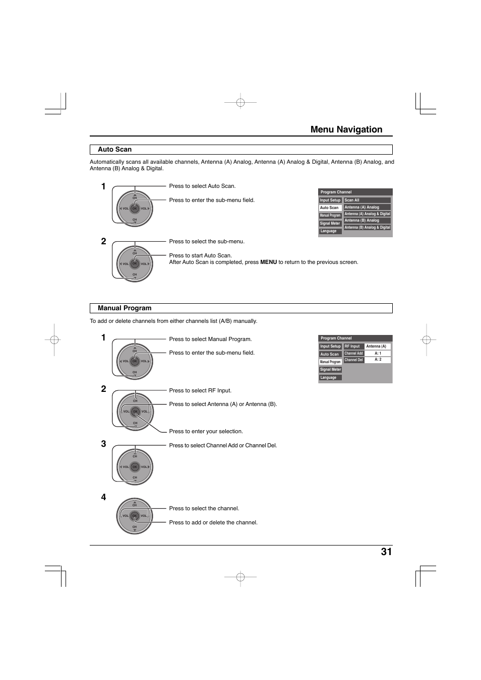 Menu navigation 2, Auto scan manual program | Panasonic TC-32LX300 User Manual | Page 31 / 132