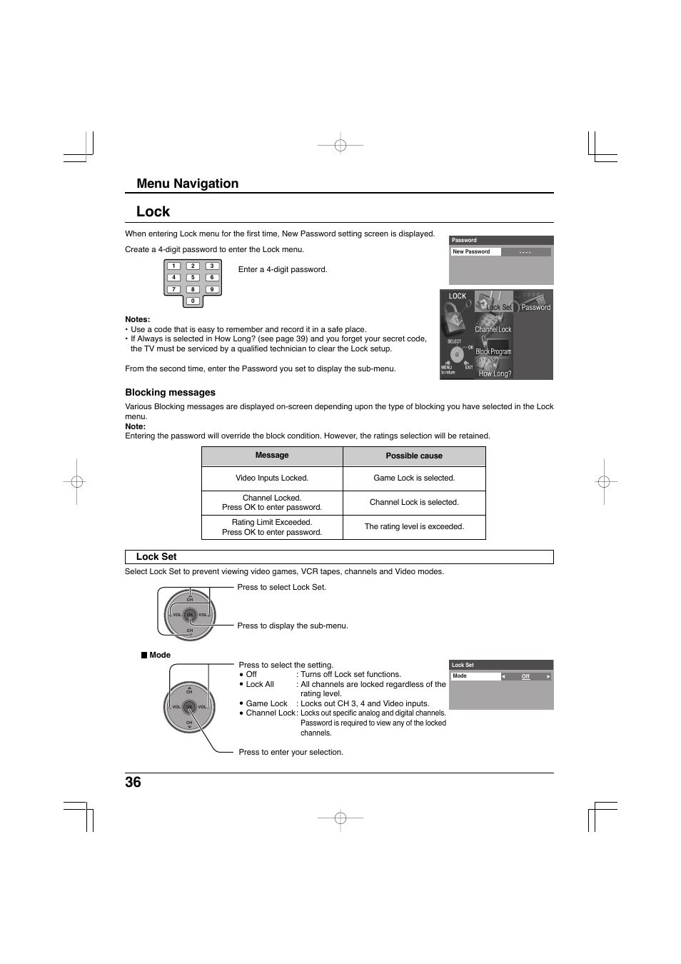 Lock, 36 lock, Menu navigation | Panasonic TC-32LX300 User Manual | Page 36 / 132