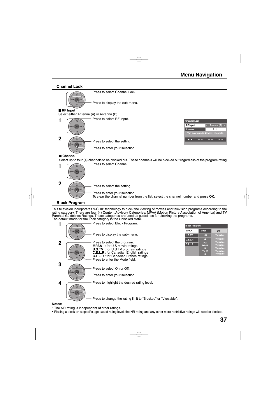 12 menu navigation, Channel lock block program | Panasonic TC-32LX300 User Manual | Page 37 / 132