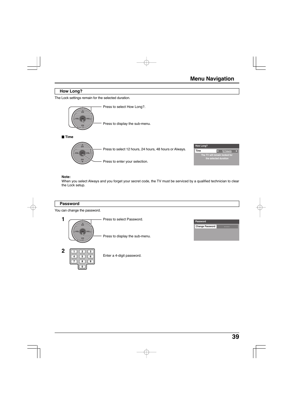 Menu navigation, Password how long | Panasonic TC-32LX300 User Manual | Page 39 / 132