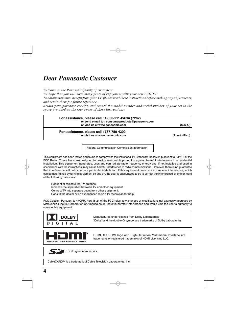 Dear panasonic customer | Panasonic TC-32LX300 User Manual | Page 4 / 132