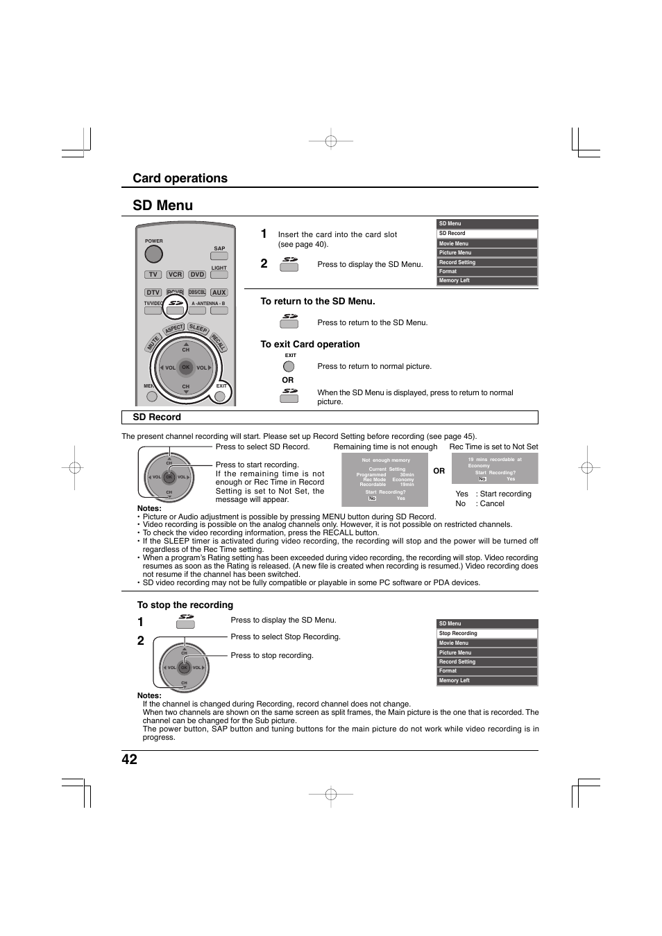 Sd menu, Card operations, Sd record | Panasonic TC-32LX300 User Manual | Page 42 / 132