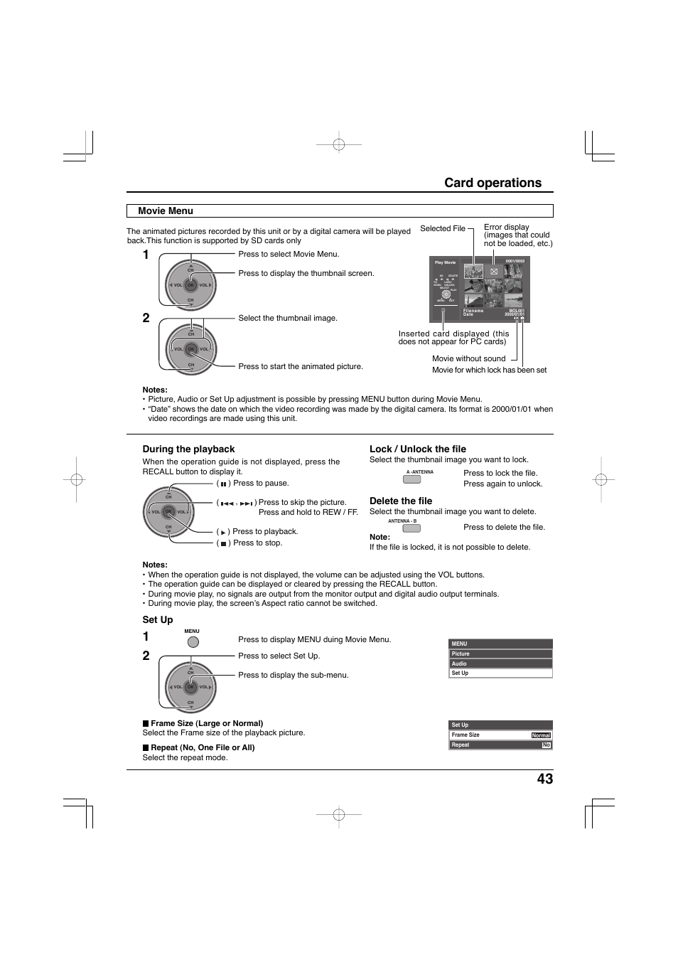 Card operations, During the playback, Set up | Lock / unlock the file, Delete the file, Movie menu | Panasonic TC-32LX300 User Manual | Page 43 / 132