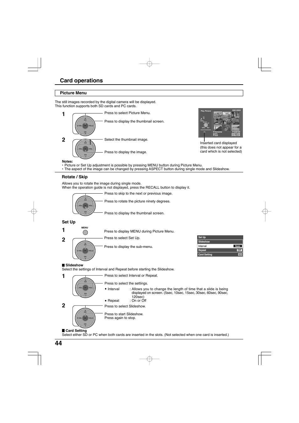 Card operations, Rotate / skip, Set up | Picture menu | Panasonic TC-32LX300 User Manual | Page 44 / 132
